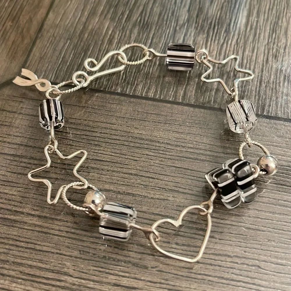 Vintage 2000’s Sterling Silver Stars, Heart & Glass Link Bracelet 7 3/4” approx